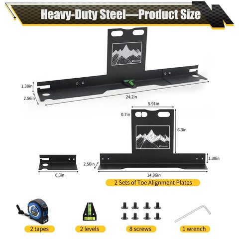 Wheel Alignment Tool With Imperial Tape Measure And Heavy Duty Toe Alignment Plates No Caliper Removal Needed Detachable Automotive Alignment Kit components and dimensions