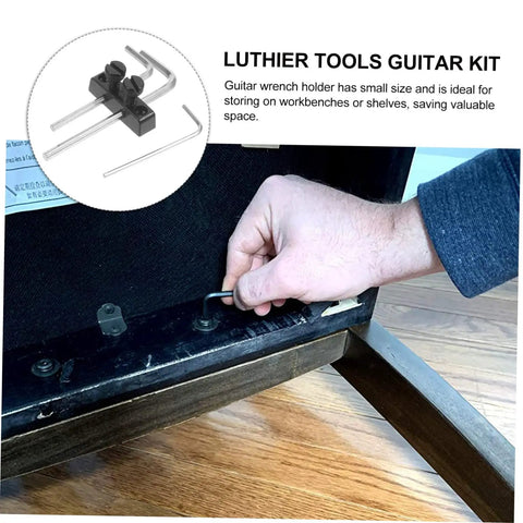 Hand using Guitar Wrench Holder For Headstock Key Storage with metal mount showing easy install tremolo maintenance tool on wood surface.