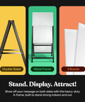 Outdoor A Frame Sidewalk Sign 24 By 36 Inch Double Sided Black Coated Steel Weatherproof Heavy Duty Frame with two plastic boards