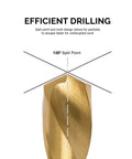 Close-up of a drill bit with 135-degree split point from Left Hand Drill Bit Set With Titanium Nitride Coating For High Speed Steel Reverse Twist Bits In SAE Sizes 15 Piece Kit Featuring A 135 Degree Split Point For Precise Self Centering And Faster Cutting. Highlight on the tip angle, with efficient drilling text displayed.