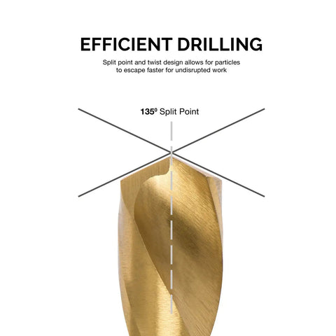 Close-up of a drill bit with 135-degree split point from Left Hand Drill Bit Set With Titanium Nitride Coating For High Speed Steel Reverse Twist Bits In SAE Sizes 15 Piece Kit Featuring A 135 Degree Split Point For Precise Self Centering And Faster Cutting. Highlight on the tip angle, with efficient drilling text displayed.