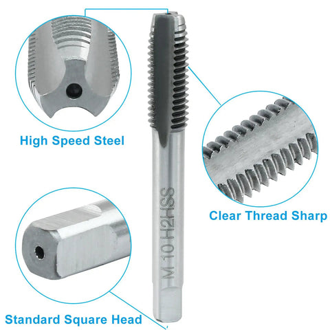 M10 X 1.5 Metric Tap And Die Set For HSS Machine Threads, Right Hand Thread Tool Kit, high speed steel, tap close-up view