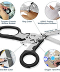 Diagram of 6 In 1 Emergency Response Shears For Everyday Carry showing features like strap cutter, glass breaker, built-in ruler, and more.