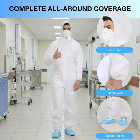 Person wearing Three Pack X Large Disposable Hazmat Paint Suits With Hood And Elastic Wrists for heavy duty workwear in hospital