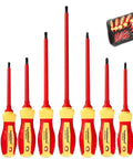 Insulated Electrician Screwdriver Set 9 Piece 1000V With Voltage Tester, 4 Phillips and 5 Slotted Magnetic CRV Tips, ergonomic handles.