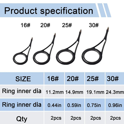 Size specifications of eyelets in Complete Fishing Rod Eyelet Repair Kit; 16#, 20#, 25#, 30# with dimensions and quantities shown.