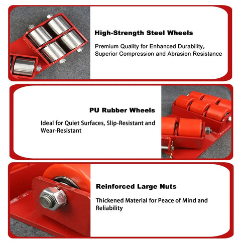 Heavy Duty Machinery Skates With Bulletproof Steel Wheels Shop Rig Hauler For Factory Gear Swapping Smooth Rolling Dollies showing high-strength steel wheels.