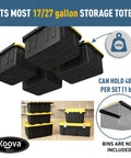 Overhead Garage Storage Rack For Four Bins With Adjustable Width And 160 Lb Capacity DIY Safe Ceiling Mount Fits 27 Gallon Totes Pro Grade Steel Space Saving Organizer image with storage bins.