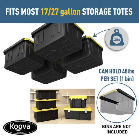 Overhead Garage Storage Rack For Four Bins With Adjustable Width And 160 Lb Capacity DIY Safe Ceiling Mount Fits 27 Gallon Totes Pro Grade Steel Space Saving Organizer image with storage bins.