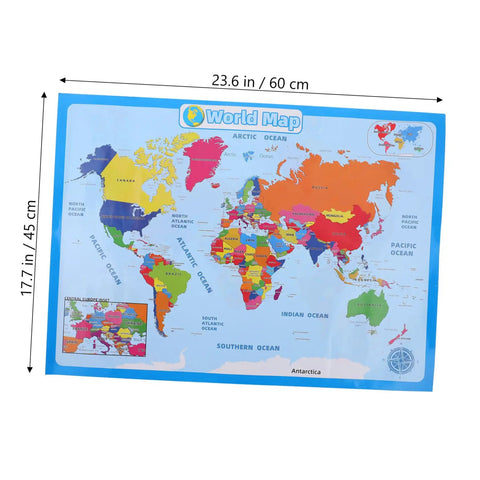 Colorful Laminated World Map Poster For Kid Friendly Wall Decor Educational Geography Chart For Preschool And Kindergarten Home Schooling Durable Wear Resistant With Bright Colors And Rounded Corners 60x45 Cm displayed on a white background