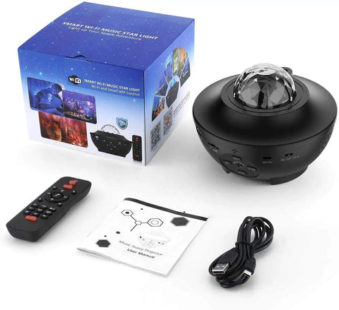 Star Projector With Bluetooth Speaker And App Control For Bedroom Night Light with box, remote, and user manual