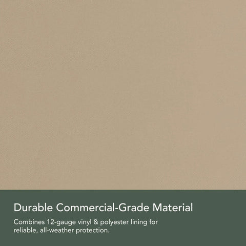 Close-up of durable commercial-grade material for Ping Pong Table Cover For Indoor And Outdoor Use, Heavy Duty Vinyl With Soft Lining, Water Resistant All Weather Protection, Keeps Your Setup Ready To Roll, Elastic Hem And Buckle Straps, Fits 110W X 60D X 30H, Dust Rain Debris Guard, Classic Tan.