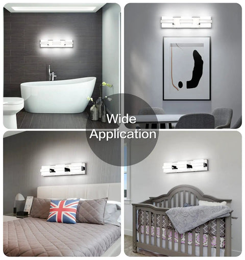 3 Light Chrome LED Bathroom Vanity Light Over Mirror 20 Inch White Dimmable Fixture in bathroom, dining, bedroom, nursery settings