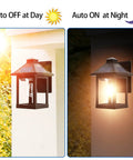 Outdoor Solar Wall Lanterns With Motion Sensor Vintage Style Wall Sconces 3 Lighting Modes Waterproof LED Bulbs Included Wall Mounted For Patio Yard Porch Garden Fence Two Pack showing day and night auto mode on wall.