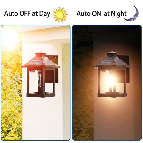Outdoor Solar Wall Lanterns With Motion Sensor Vintage Style Wall Sconces 3 Lighting Modes Waterproof LED Bulbs Included Wall Mounted For Patio Yard Porch Garden Fence Two Pack showing day and night auto mode on wall.