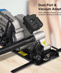 G LAXIA mini corded circular saw with laser guide on a wooden bench; dust port, rip guide, and two 24T blades.
