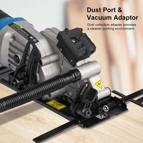 G LAXIA mini corded circular saw with laser guide on a wooden bench; dust port, rip guide, and two 24T blades.