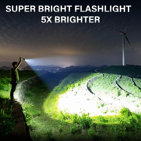 Person using Beastly Bright USB C Rechargeable Flashlight 99000 Lumens Zoomable Tactical Light at night, illuminating a path.