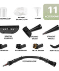 11 accessories for Heavy Duty High Pressure Steam Cleaner 1050 Watt include brushes, nozzles, squeegee, and funnel.