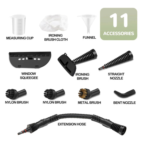 11 accessories for Heavy Duty High Pressure Steam Cleaner 1050 Watt include brushes, nozzles, squeegee, and funnel.
