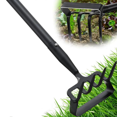 Dual Head Garden Hoe With Adjustable Handle For Weeding And Cultivation, One Side Four Tooth Rake Head For Loosening Soil, Heavy Duty