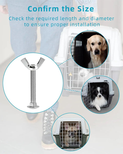 Badass M5 Replacement Bolts And Butterfly Nuts For Dog Crate Repairs Featuring Slick Steel Fasteners That Actually Grip Tight For Kennel Fixes And Cat Cage Upgrades No Cap, showing size confirmation with bolts and pets in crates.