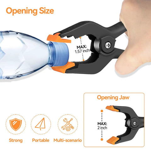 Six Pack Heavy Duty 4.5 Inch Plastic Spring Clamps For Backdrops And Photography Studios gripping water bottle, max opening