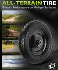 Flat Free 14.5 Inch Wheelbarrow Tire and Wheel Workhorse Replacement with all-terrain capabilities on dirt, muddy, gravel, and snow roads.