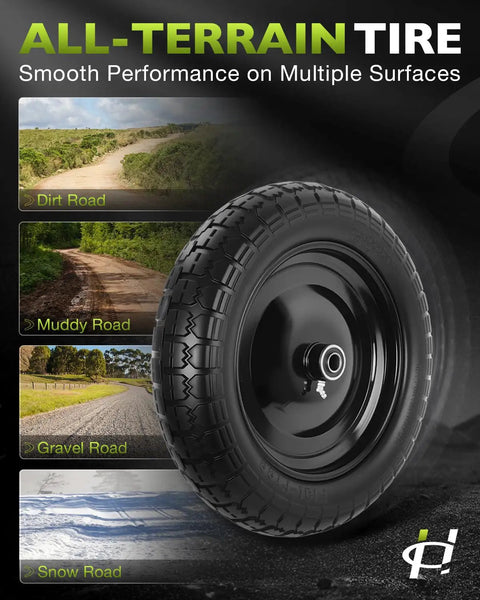 Flat Free 14.5 Inch Wheelbarrow Tire and Wheel Workhorse Replacement with all-terrain capabilities on dirt, muddy, gravel, and snow roads.