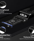 Six Piece Carbide And Titanium Multitool Blades Kit, Heavy Duty Oscillating Tool Blades For Wood And Metal Cutting, Nails And Screws, PVC And Drywall, With Hangable Case, Universal Interface Fit Bosch Fein Dewalt, close-up view of blade with features labeled
