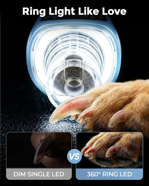 Premium 7 Speed Quiet Pet Nail Grinder For Dogs And Cats Featuring Low Vibes And A 360 Degree Led Ring for optimal claw trimming.