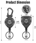 Product dimensions of heavy duty retractable keychain with belt clip or carabiner, 9 oz retraction, 31.5 inch steel cable, tactical ID badge reel