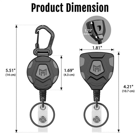 Product dimensions of heavy duty retractable keychain with belt clip or carabiner, 9 oz retraction, 31.5 inch steel cable, tactical ID badge reel