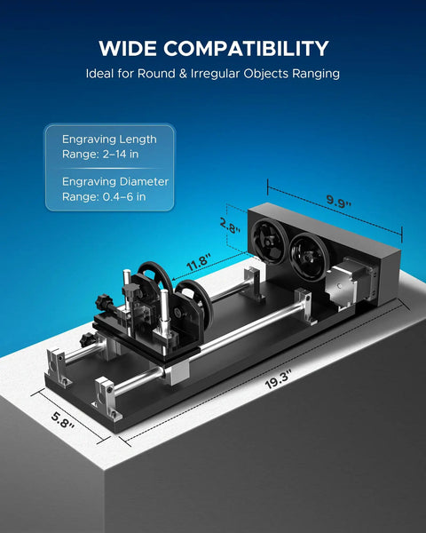 Dope Build 4 Wheel Rotary Axis Station For Lasers With Beefy Nema 23 Motor seamless 360 degree rotation setup, dimensions 19.3x11.8x5.8 inches.