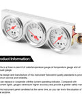 52mm three-gauge automotive kit with chrome bezels, water temperature, volt and oil pressure gauges.