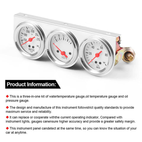 52mm three-gauge automotive kit with chrome bezels, water temperature, volt and oil pressure gauges.