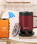 Smart Self Heating Coffee Mug With Precise Temperature Control And Marathon Battery Life showing app and manual controls.