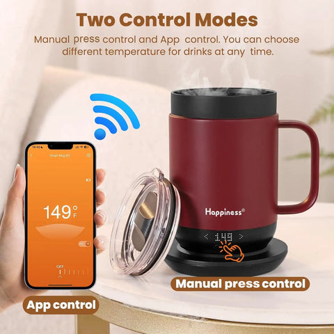 Smart Self Heating Coffee Mug With Precise Temperature Control And Marathon Battery Life showing app and manual controls.