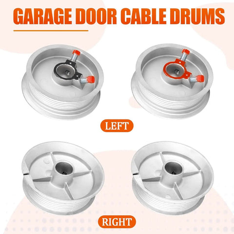 Heavy Duty 8 Ft 6 In Garage Door Cables For 7 Ft Doors, Torsion Spring Replacement Drums shown in left and right view.
