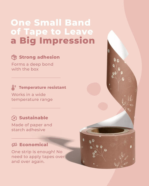 Premium Water Activated Packing Tape Straight Up For Sealing Corrugated Boxes And Gift Cartons With Rosy Floral Print Biodegradable Gummed Paper Shipping Rolls For Ecommerce Hustlers, showcasing strong adhesion and sustainability.