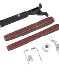 Solid Quality Belt Sander Adapter For Angle Grinders components including two sanding belts, mounting bolts, and tools for installation.