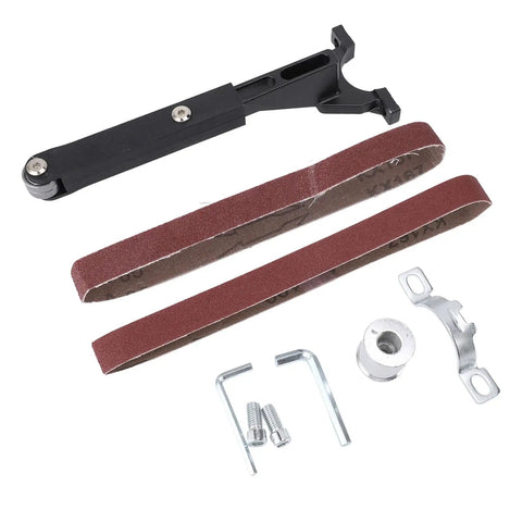 Solid Quality Belt Sander Adapter For Angle Grinders components including two sanding belts, mounting bolts, and tools for installation.