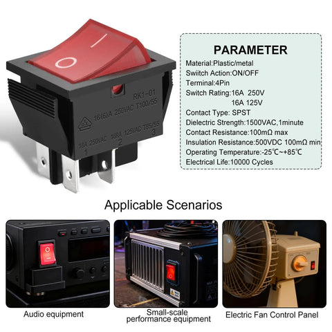 Rocker Switch On Off DPST 4 Terminals With Red Indicator Light 16A 250VAC Weatherproof Cover For Heavy Duty Power Control In Harsh Environments