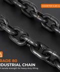 Close-up of Grade 80 industrial chain with 0.28 inch diameter links, labeled for heavy-duty lifting and tensile strength.