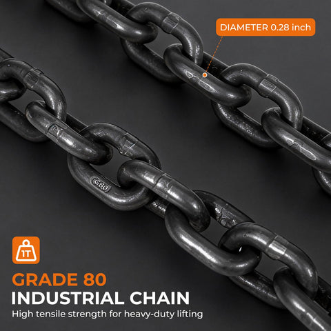Close-up of Grade 80 industrial chain with 0.28 inch diameter links, labeled for heavy-duty lifting and tensile strength.