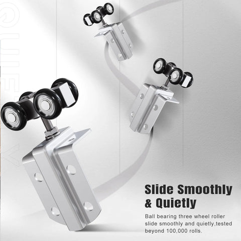 Close-up of ball bearing wheel part in 8FT Exterior Sliding Barn Door Hardware Kit With Box Rail Track 450 Lb Capacity