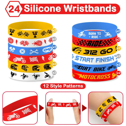 Dirt Bike Party Pack Featuring 24 Slap Bracelets And 24 Rubber Silicone Wristbands In 12 Ride Style Designs Perfect Carnival Prizes