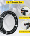 Coiled 50 ft black rubber hydraulic hose, 1/2 in ID, 7/8 in OD, two-wire braid