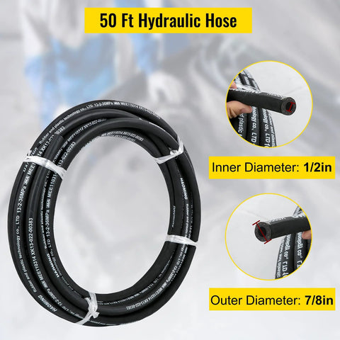 Coiled 50 ft black rubber hydraulic hose, 1/2 in ID, 7/8 in OD, two-wire braid