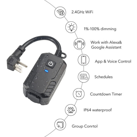 Outdoor Smart Dimmer Plug For String Lights And LED Filament Halogen Lamps Easy App Control Waterproof Works With Google Assistant And Alexa Requires 2.4 GHz WiFi, shown with water droplets and control features.